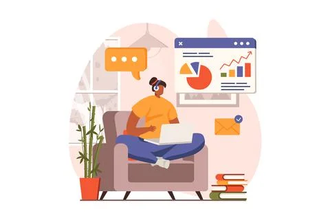 Business process web concept in flat design. Woman works on laptop, makes report 스톡 일러스트