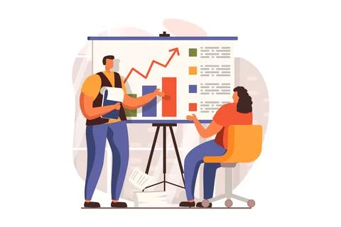 Business process web concept in flat design. Man and woman discussing report Illustrazione stock