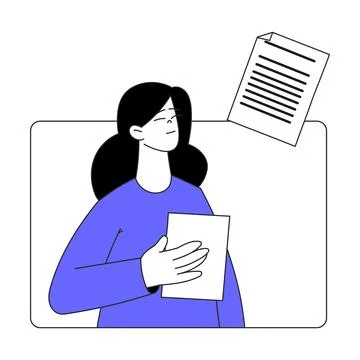 Business Process with Woman Character in Web Window Hold Paper Document Vector イラスト素材