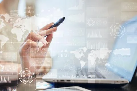 Business process, workflow graphs, charts and icons on virtual screen. Modern 스톡 사진