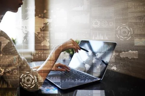 Business process, workflow graphs, charts and icons on virtual screen. Modern 스톡 사진