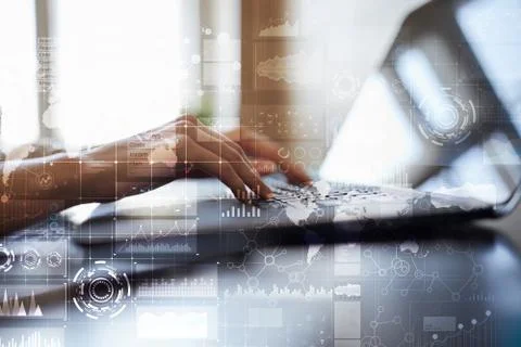 Business process, workflow graphs, charts and icons on virtual screen. Modern 스톡 사진