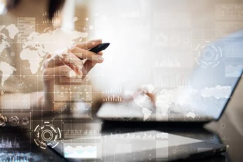 Business process, workflow graphs, charts and icons on virtual screen. Modern 스톡 사진