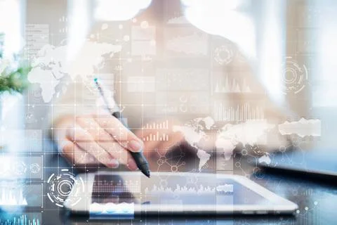 Business process, workflow graphs, charts and icons on virtual screen. Modern 스톡 사진