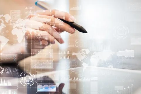 Business process, workflow graphs, charts and icons on virtual screen. Modern 스톡 사진