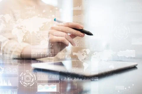 Business process, workflow graphs, charts and icons on virtual screen. Modern 스톡 사진