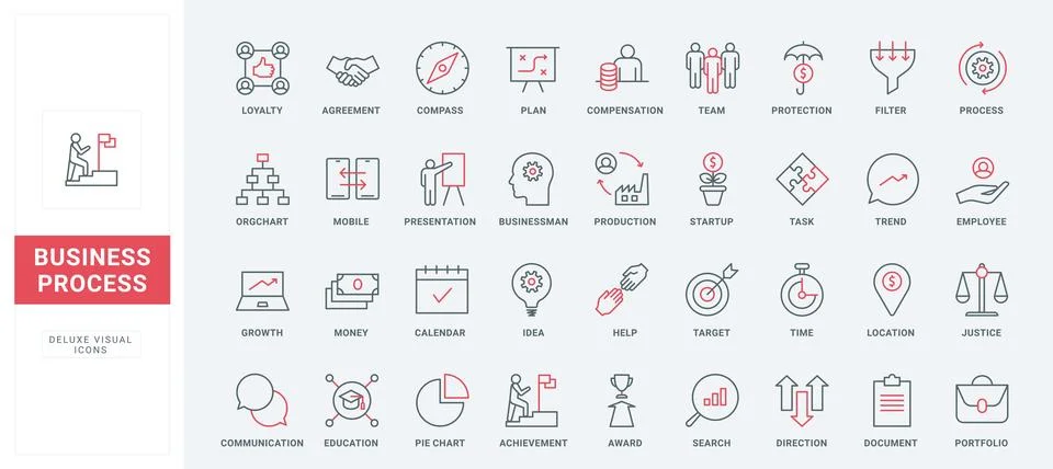 Business process, workflow organization, project and data management line icons Stock Illustration