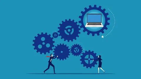 Business processing. Business man and woman connected gears with laptop 스톡 일러스트