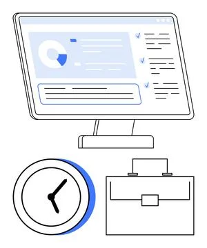 Business Productivity Dashboard with Computer Screen, Clock, and Briefcase Ic 스톡 일러스트