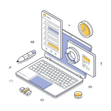 Business productivity efficiency laptop workflow concept isometric line vecto Stock Illustration