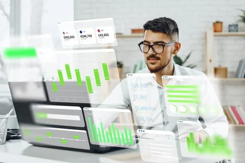 Business professional analyzes digital data with artificial intelligence tools Stock Photos