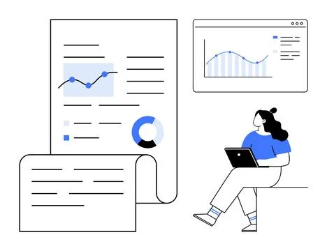 Business professional analyzing data charts and graphs on laptop with docum.. イラスト素材
