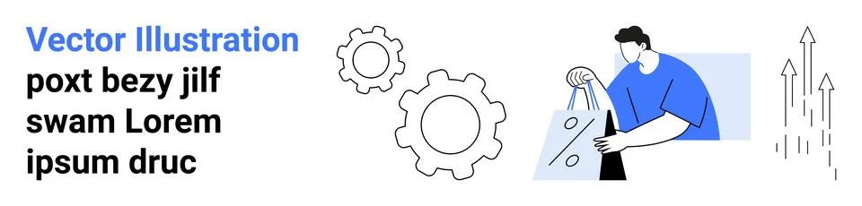 Business professional analyzing data with gears nearby, symbolizing productiv Stock Illustration