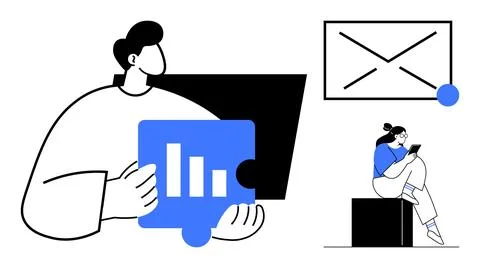 Business professional analyzing data while a colleague reviews messages on .. Illustrazione stock