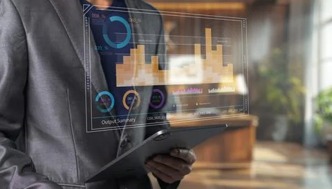 Business professional analyzing digital data on tablet in modern office set.. 스톡 사진