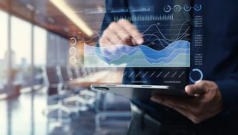 Business Professional Analyzing Digital Data Visualization on Tablet in Mod.. 스톡 사진
