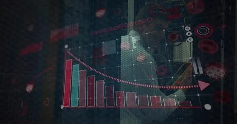Business professional analyzing digital graphs and charts on futuristic Illustrazione stock