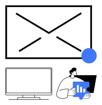 Business Professional Analyzing Email Statistics on Laptop with Envelope an.. Stock Illustration