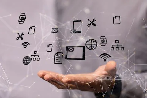 Business professional displaying an array of internet connection icons. the conc Stock Photos