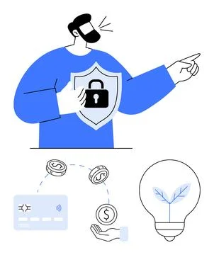 Business professional emphasizing security with shield, payment coins, and .. Stock Illustration