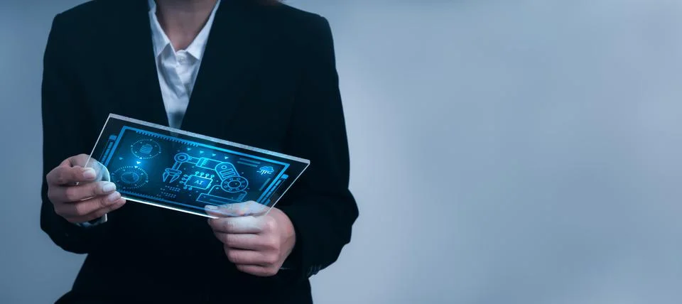 Business professional engineering using tablet with AI robotics control scr.. Stock Photos