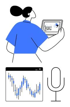 Business professional holding tablet with data charts, stock market graph, an Stock Illustration