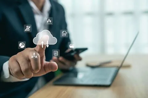 Business Professional Interacting with Cloud Technology and Data Analytics .. 写真素材