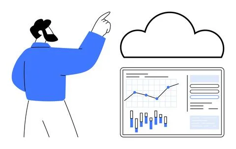 Business professional pointing at cloud computing icon with a display of data Stock Illustration