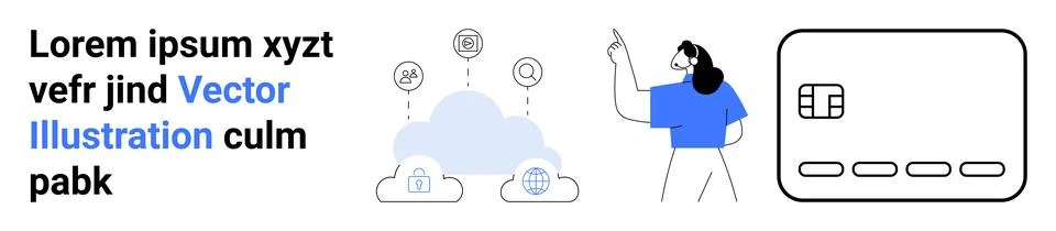 Business professional pointing at cloud technology icons and digital card pay Stock Illustration