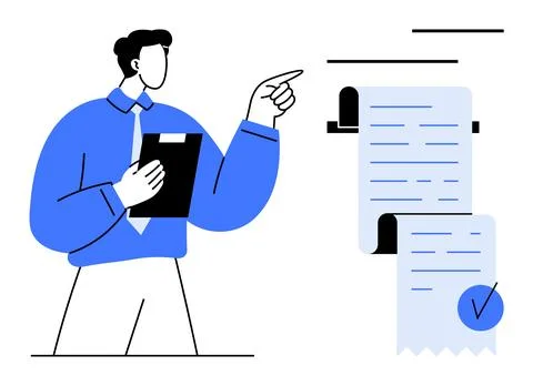 Business Professional Pointing to Document with Checkmark 스톡 일러스트