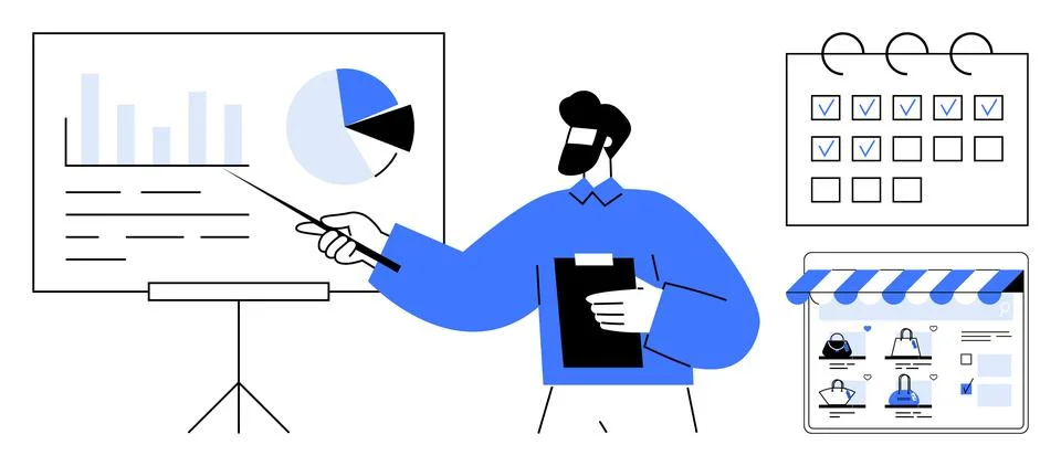 Business professional presenting data analysis with a pie chart and bar graph Illustrazione stock