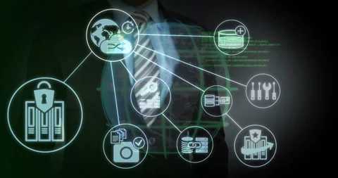 Business professional presenting digital interface, showing linked cybersecurity Stock Footage 308676115