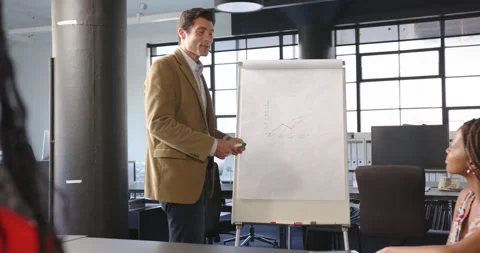 Business professional presenting growth chart on flip chart in modern office Stock Footage 345572033