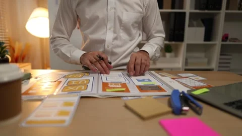 Business professional reviewing mobile application wireframes Stock Footage 343236809