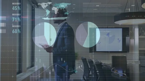 Business professional scrolling tablet and comparing animated charts for live Stock Footage 313307793