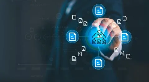 Business professional selecting cloud storage icon with multiple digital fi.. Foto stock