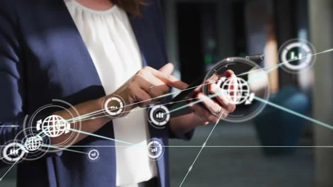 Business professional tapping tablet screen and swiping, visualizing technology Stock Footage 330297241