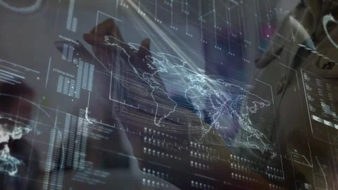 Business professional tapping touchscreen map and swiping continents while data Stock Footage 310326319