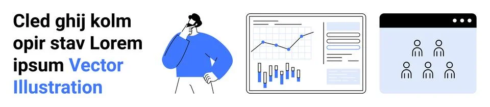 Business professional thinking, analytical graph with data trends, user inter Stock Illustration