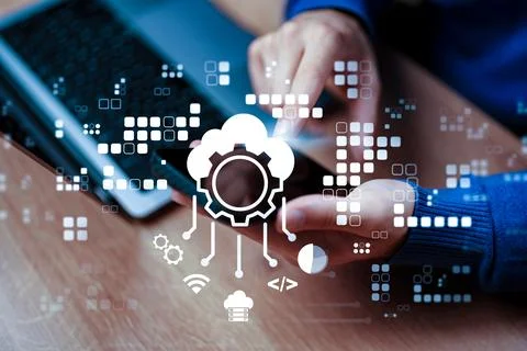 Business professional uses technology for cloud-based ERP and CRM solutions in Stock Photos