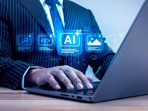 Business professional using AI content management platform on laptop for co.. Stock Photos