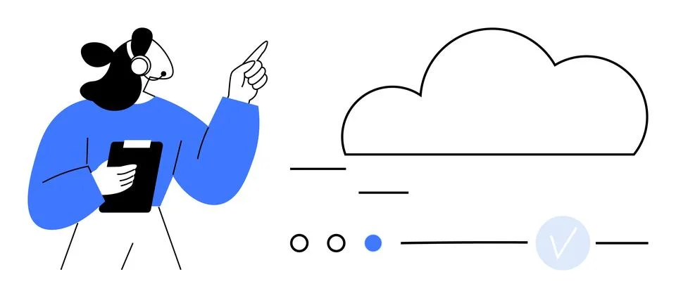 Business Professional Using Cloud Technology with Clipboard and Headset 스톡 일러스트