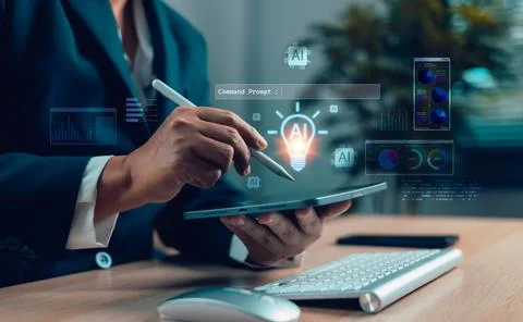 Business professional using digital tablet with AI light bulb idea icon and.. Stock Photos