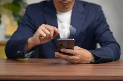 Business Professional Using Smartphone with Cloud Computing Icon Indoor Fotos Stock