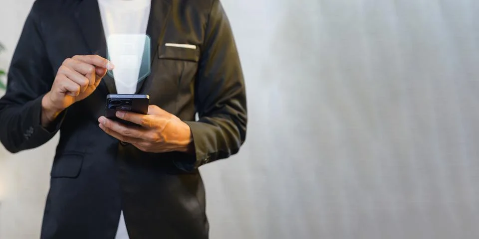 Business Professional Using Smartphone with Data Flows Abstract Background Stock Photos