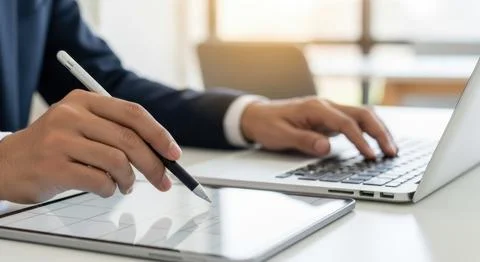 Business professional using stylus on tablet and typing on laptop for digit.. Stock Illustration