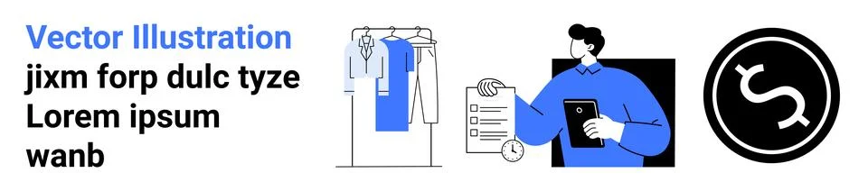 Business professional using a tablet, analyzing clipboard content. Clothes ra Illustrazione stock