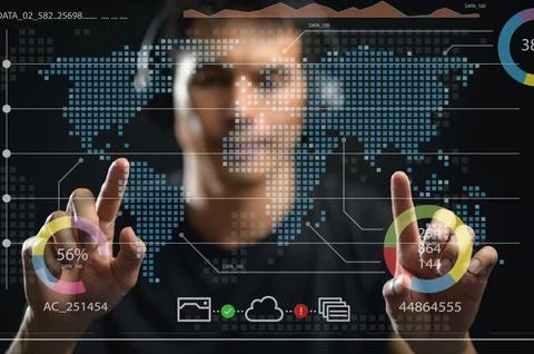 Business Professional Using Transparent Digital Data Interface with World Map Stock Photos