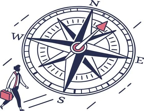 Business professional walking past giant magnetic compass in stylized flat .. イラスト素材