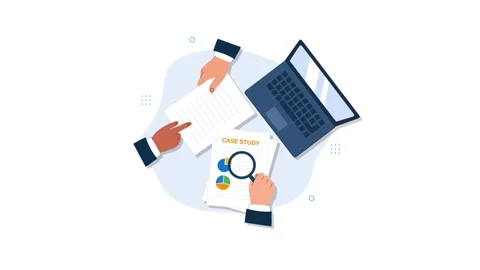 Business Professionals Analyzing Case Study with Laptop and Magnifying Glass Stock Footage 337519738